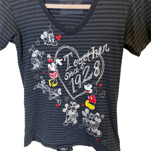 Disney Graphic Tee Heart Minnie & Mickey Together Since 1928 T-Shirt S Striped V - Picture 5 of 12